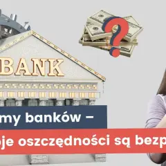 Bankrutujący bank i stos pieniędzy z pytajnikiem. Kobieta zakrywa twarz dłońmi. Czy Twoje oszczędności są bezpieczne?