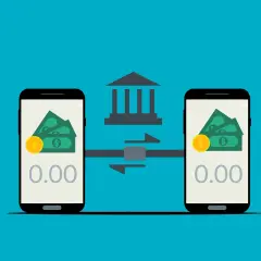 Dwa telefony pokazują pieniądze i saldo 0.00. Pośrodku bank i strzałki symbolizujące przelew. Czy w Żabce można wpłacić pieniądze?