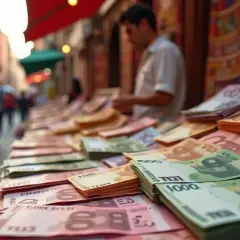 Stoisko z banknotami na targu. Czy to maroko euro czy dolary? Sprzedawca liczy pieniądze.