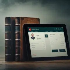 Stare księgi i tablet z aplikacją Swiss Bank. Dowiedz się, jak założyć konto w Szwajcarii, korzystając z nowoczesnych rozwiązań.