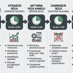 Schemat dnia tradera: przygotowanie (08-09), otwarcie sesji (09-10), aktywna faza handlu (10-16), zamknięcie sesji (16-17), podsumowanie (17-18). Jak zacząć trading? Analizuj, obserwuj, handluj, zamykaj i podsumuj.