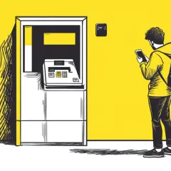 Chłopak z plecakiem przy bankomacie sprawdza telefon. Czy da się wyplacić pieniadze bez karty?