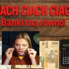 Zaskoczona kobieta patrzy na pieniądze i kalkulator. Tekst "Banki tną równo!" sugeruje, jak działa lokata 3-miesięczna i jakie mogą być jej koszty.