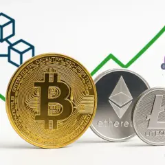 Złoty Bitcoin, srebrny Ethereum i Litecoin na tle rosnącego wykresu. Dowiedz się, jak zacząć inwestycję w kryptowaluty.