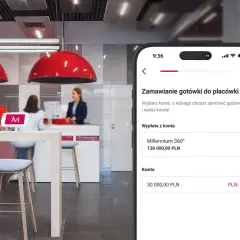 Zamawianie gotówki w oddziale Banku Millennium. Aplikacja mobilna pozwala wybrać konto i wpisać kwotę wypłaty.