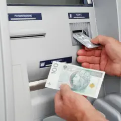 Wpłatomat przyjmuje banknoty, w tym 100 zł. Widać też wkładanie karty.