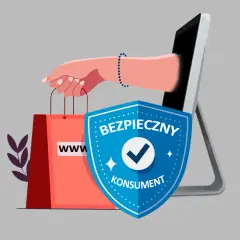 Ręka wyciąga torbę z zakupami z ekranu komputera, obok znajduje się niebieska tarcza z napisem "BEZPIECZNY KONSUMENT", symbolizująca jak bezpiecznie kupować w internecie.