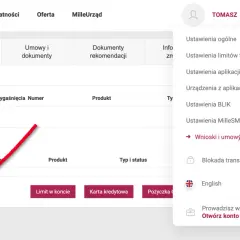 Zamykanie konta w banku Millennium jest możliwe przez sekcję "Wnioski i umowy".