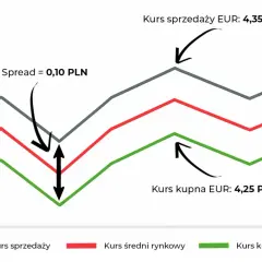 Wykres pokazuje, co to jest spread walutowy: różnicę między kursem sprzedaży EUR (4,35 PLN) a kursem kupna EUR (4,25 PLN), wynoszącą 0,10 PLN.