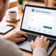 Mężczyzna loguje się do bankowości online. Dowiedz się, jak zabezpieczyć konto bankowe przed hakerami, używając silnych haseł i uwierzytelniania dwuskładnikowego.
