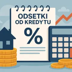 Dom na monetach, kalkulator i wykres wzrostu obok notatki "Odsetki od kredytu". To pokazuje, co to odsetki.