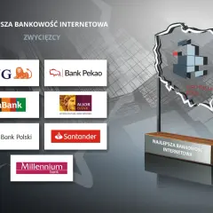 Trofeum "Najlepsza Bankowość Internetowa" dla banku, który jest najbezpieczniejszy w Polsce. Wyróżnione loga banków: ING, Pekao, mBank, Alior, Bank Polski, Santander, Millennium.
