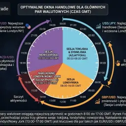 Wykres pokazuje, jak działa forex: nakładanie się sesji tokijskiej, londyńskiej i nowojorskiej wpływa na płynność i spready par walutowych, np. EUR/USD.