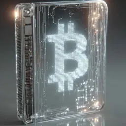 Przezroczysty blok z symbolem Bitcoina i obwodami. To wizualizacja tego, czym są kryptowaluty.