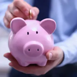Różowa świnka skarbonka, do której wrzucana jest moneta. Symbol oszczędzania na przyszłość, by móc żyć nie pracując.