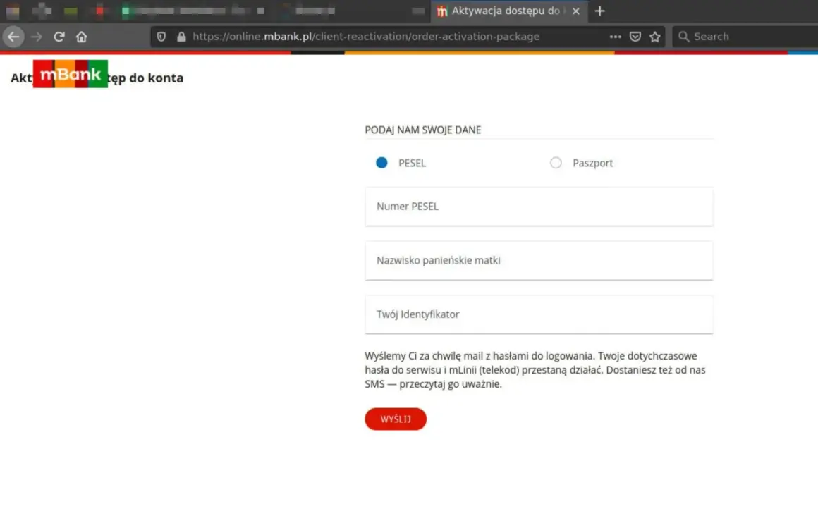 Aktywacja dostępu do konta w mBank. Podaj dane: PESEL, nazwisko panieńskie matki, identyfikator. 1140 jaki to bank?