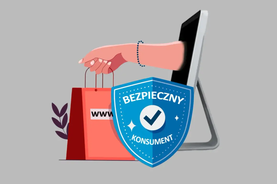 Ręka wyciąga torbę z zakupami z ekranu komputera, obok znajduje się niebieska tarcza z napisem "BEZPIECZNY KONSUMENT", symbolizująca jak bezpiecznie kupować w internecie.