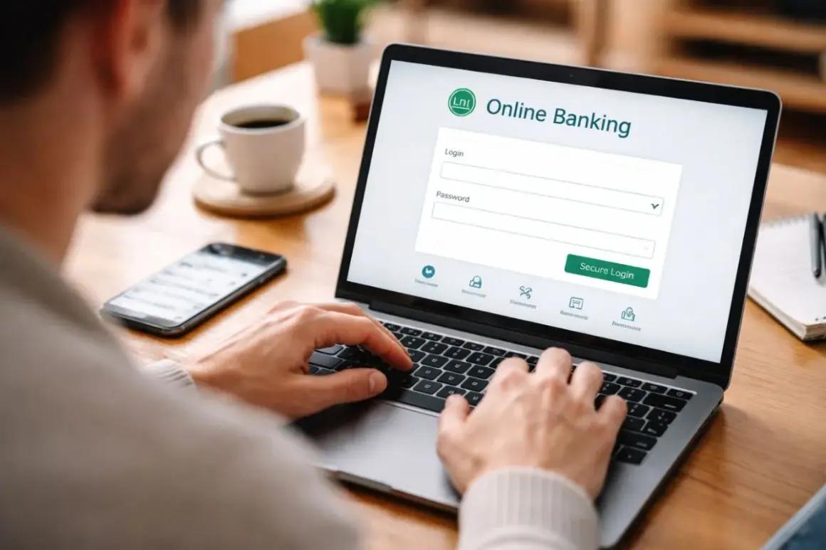 Mężczyzna loguje się do bankowości online. Dowiedz się, jak zabezpieczyć konto bankowe przed hakerami, używając silnych haseł i uwierzytelniania dwuskładnikowego.