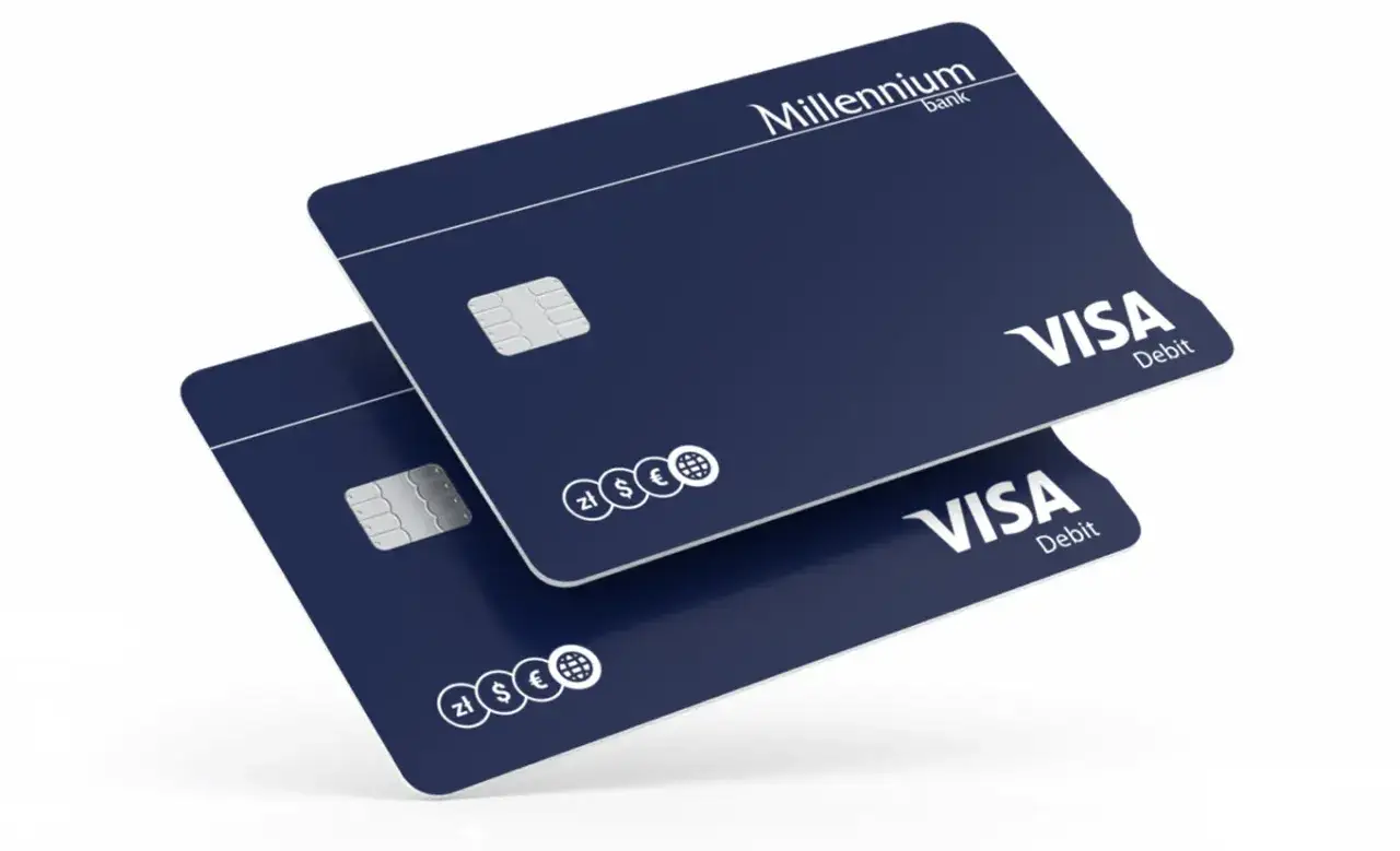 Dwie karty debetowe Visa Banku Millennium. Sprawdź, jakie są millennium konto 360 opłaty, by cieszyć się darmowymi wypłatami.