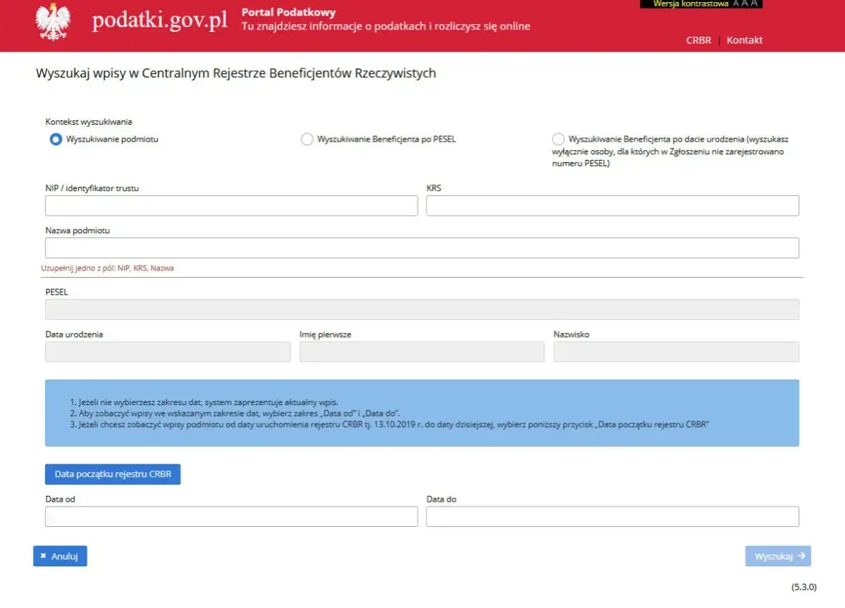 Szukasz informacji o CRBR? Strona podatki.gov.pl pozwala wyszukać wpisy w Centralnym Rejestrze Beneficjentów Rzeczywistych.