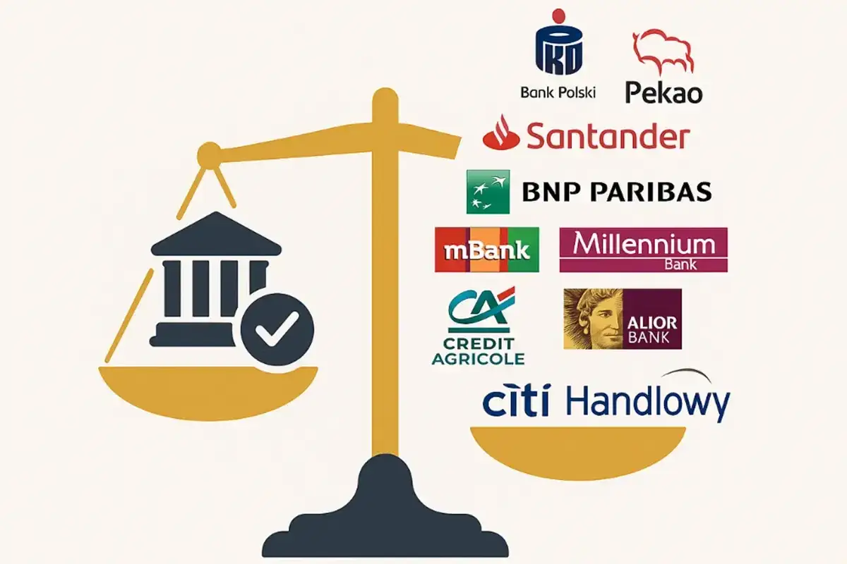 Waga symbolizująca wybór banku. Po jednej stronie budynek banku z zaznaczeniem, po drugiej loga banków: PKO BP, Pekao, Santander, BNP Paribas, mBank, Millennium, Credit Agricole, Alior, Citi Handlowy. Jaki bank najlepszy?