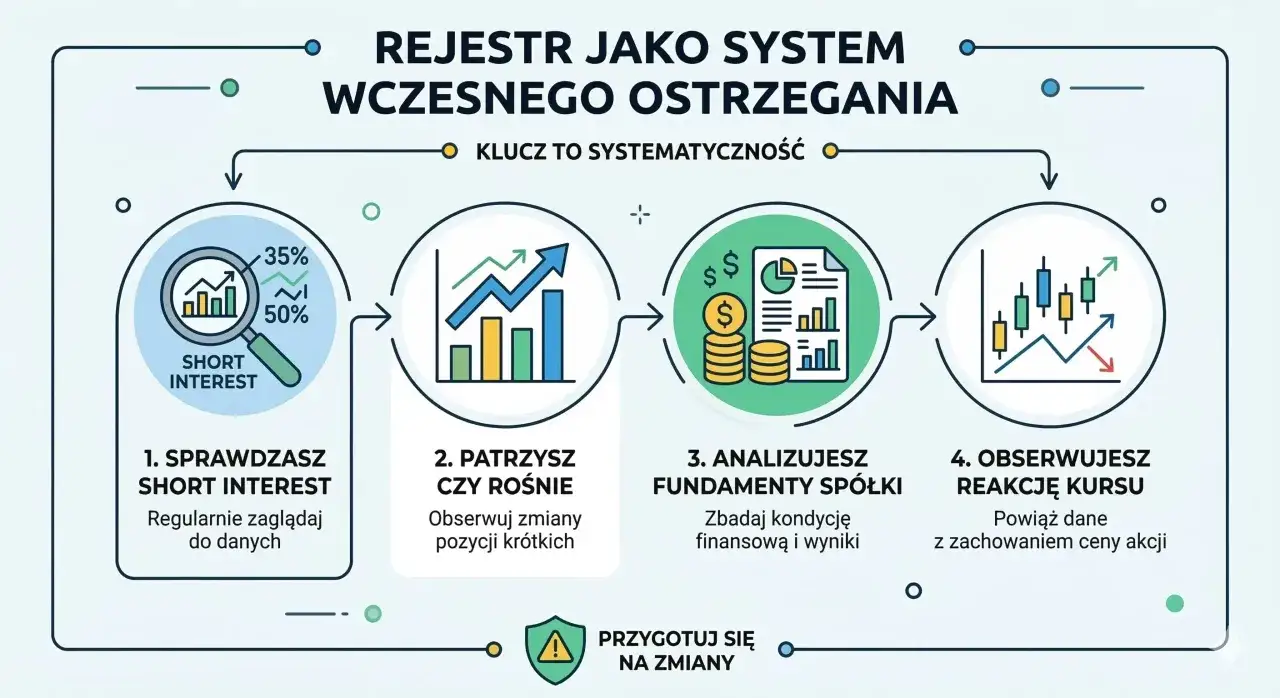 Schemat pokazuje, jak rejestr pozycji krótkich pomaga przewidywać zmiany na rynku. Analizuj dane, obserwuj trendy i reaguj na sygnały.