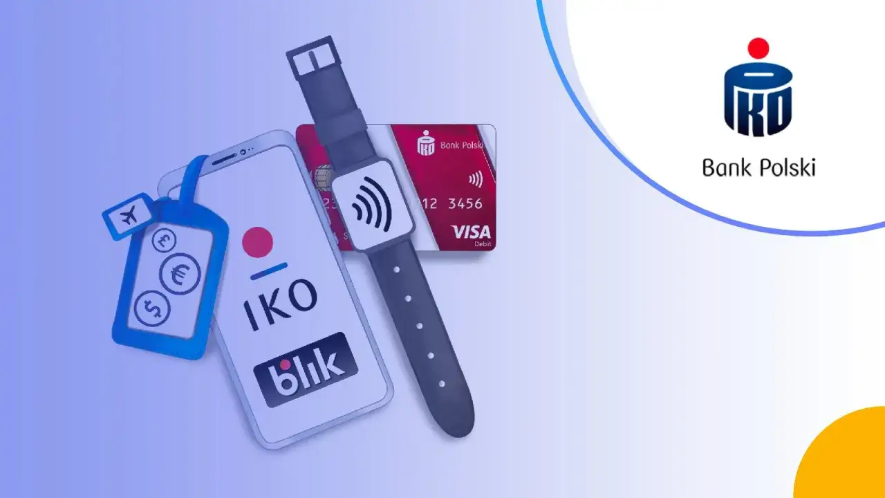 Konto za zero PKO BP warunki: smartfon z IKO, karta płatnicza i smartwatch do płatności zbliżeniowych.