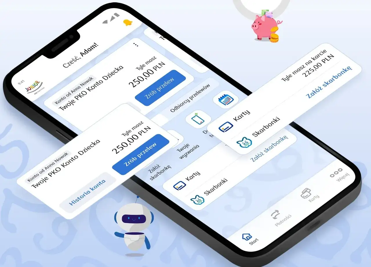 Aplikacja mobilna PKO Bank Polski prezentuje konto dla dziecka. Widoczne są salda, opcje przelewów i zakładania skarbonki.